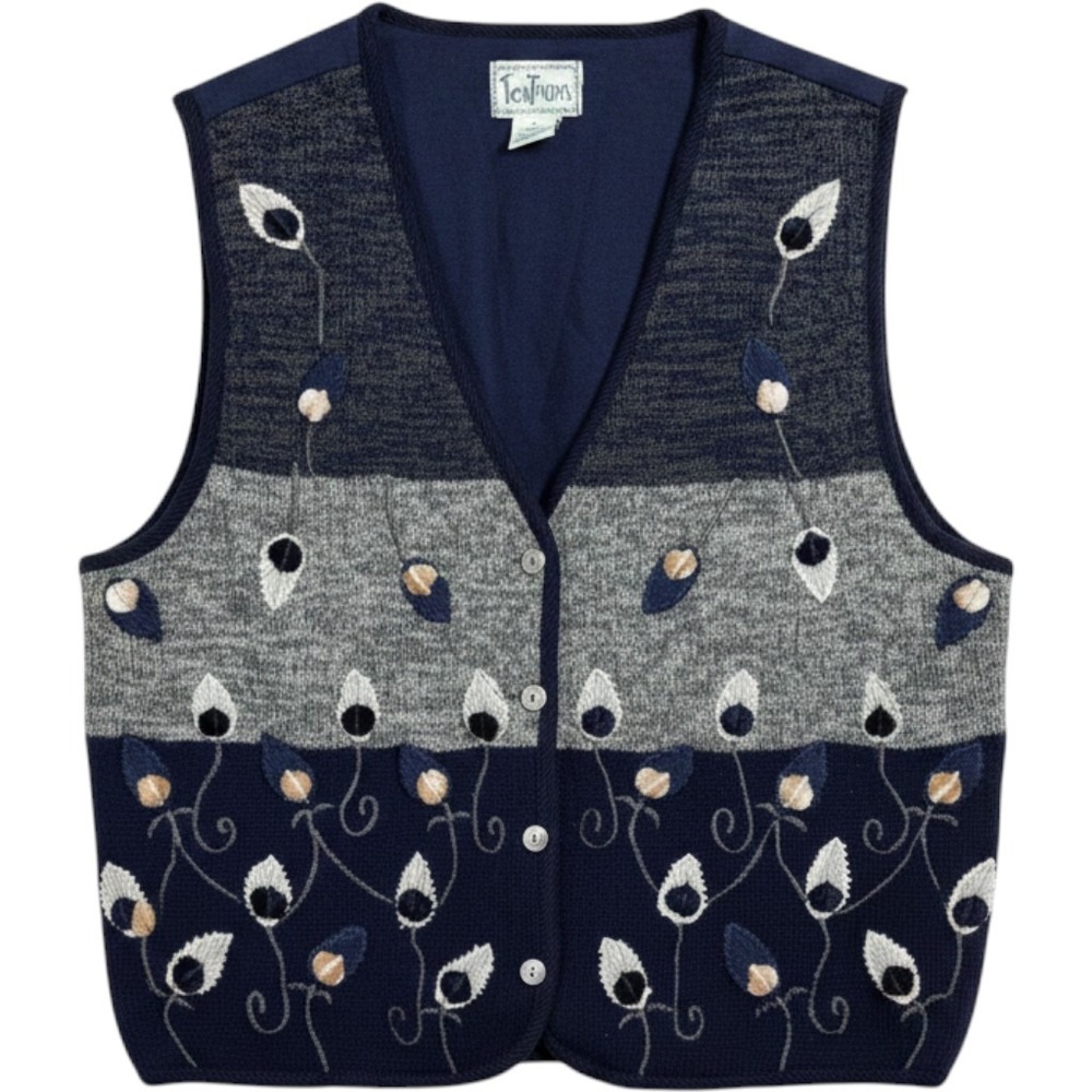 TanTrums Vintage Navy Gray Floral Embroidered Cotton Sweater Vest Womens Medium